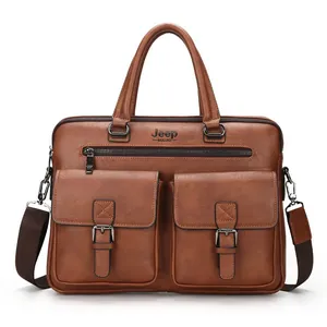 Brown vintage style men's PU leather business briefcase with adjustable strap