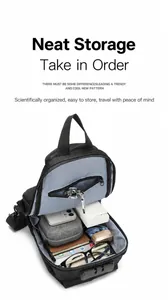 Detailansicht der schwarzen Brusttasche mit Platz für ein 7,9-Zoll-iPad und viel Zubehör