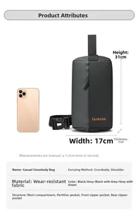 Detailed size chart of casual crossbody bag with dimensions 31x17x7cm and phone comparison