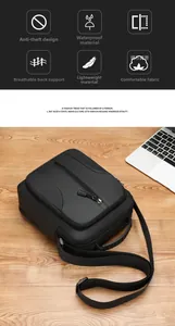 Detailopname van waterdichte functionele borsttas op een houten bureau met laptop