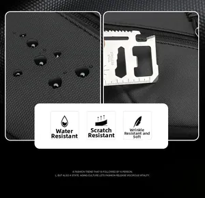 Detail van de waterafstotende en krasbestendige zwarte stof van de multifunctionele tas
