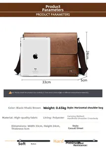 Detailed size comparison of the brown business briefcase with an iPad and spec chart