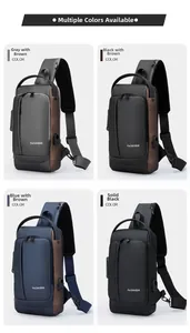 Detail von wasserdichten Crossbody-Taschen mit USB-Anschluss und Diebstahlsicherung in vier Farben