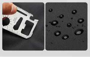 Detail van waterdichte Oxford-stof met waterdruppels en roestvrijstalen multitool kaart