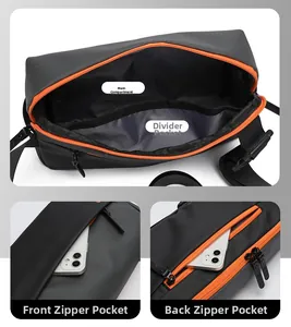 Detail view of the multi-pocket storage system including main compartment and zip pockets