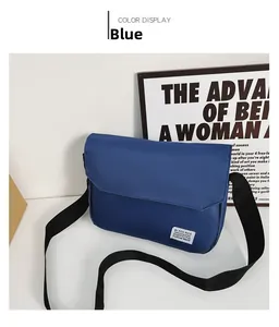 Detail of blue messenger bag with adjustable strap and Black Rice label on the flap
