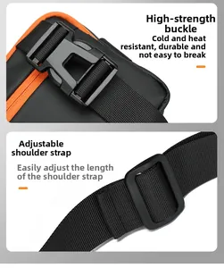 Detail of durable plastic buckle and adjustable nylon strap on a black chest bag