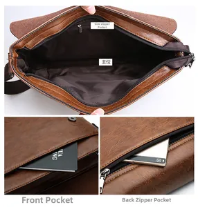 Detail view of brown PU leather briefcase showing multiple storage compartments and zippers