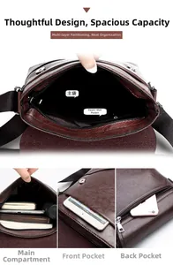Détail des compartiments du sac en cuir marron et de la capacité de rangement interne