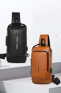 Detail view of leather sling bags in black and brown with anti-theft lock and USB port