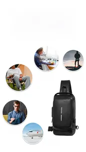 Detail of black leather sling bag with security combination lock and external USB port