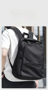 Detail view of stylish black water-resistant backpack for business commute and travel