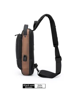 Detailansicht der Anti-Diebstahl-Brusttasche mit USB-Anschluss und braunem Besatz
