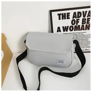 Detailed view of light gray nylon messenger bag with flap closure and adjustable strap