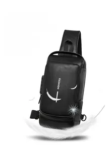 Detail of black leather sling bag with USB port and integrated anti-theft combination lock