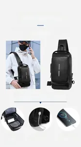 Three-step guide for using external USB charging port on black leather men's cross-body bag
