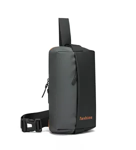 Side view of waterproof crossbody bag showing zipper detail and orange fashion text