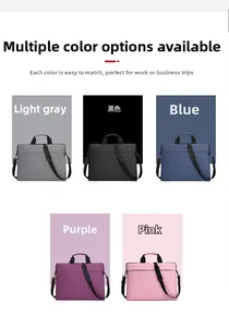 Waterproof laptop bag shown in light grey, black, blue, purple, and pink color options