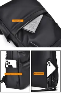 Detail view of water-resistant chest bag with front buckle pocket and anti-theft zip