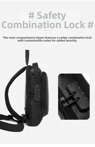 Detail of multi-functional men's chest bag featuring secure 3-digit combination lock