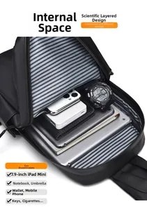 Internal storage layout of the matte black chest bag showing capacity for a 7.9 inch tablet