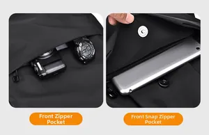 Detail of dual front pockets for tablets and cameras on the black business backpack