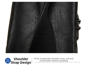 Close-up of padded breathable mesh shoulder strap and premium black leather texture