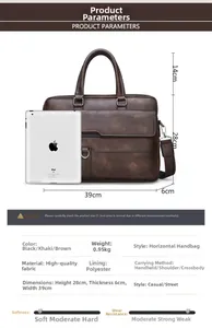 Detailed size chart of men's brown business bag showing dimensions 39x28x6 cm