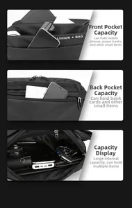 Detailed view of the three-layer storage compartments in this black nylon messenger bag