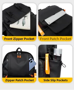 Detail showing high-capacity compartments, waterproof nylon fabric, and orange accents