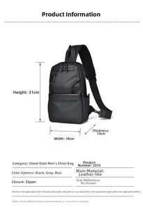 Detailed size chart of men's waterproof chest bag showing 31x18x10cm dimensions