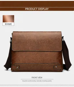 Close-up of khaki briefcase showing pebbled leather texture, flap cover and metal studs