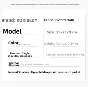 Gedetailleerde maattabel en specificaties voor Oxford crossbodytas met afmetingen 25x21x9cm
