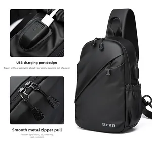 Détails du sac bandoulière étanche avec port de charge USB et fermetures éclair métalliques