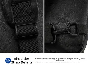 Detail of adjustable shoulder strap with reinforced stitching on black leather chest bag