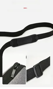 Detail of durable metal zipper and adjustable detachable shoulder strap on laptop bag