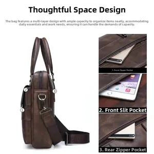 Detail of dark brown leather business briefcase showing multiple functional zipper pockets