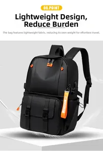 Detail of a lightweight black backpack showing orange zipper pulls and built-in USB port