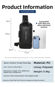 Detailed size chart for black PU leather sling bag with dimensions and iPad compatibility