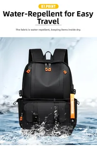 Detailed view of water-resistant black backpack with bright orange zipper pulls and splashing water