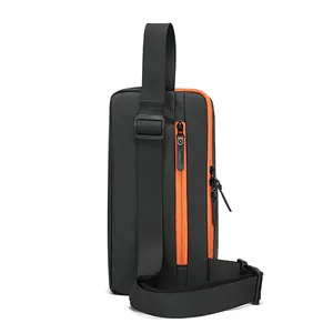 Men's casual black crossbody chest bag with stylish orange zipper and adjustable strap