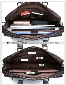 Detail view of the brown leather briefcase interior showing laptop compartment and pockets