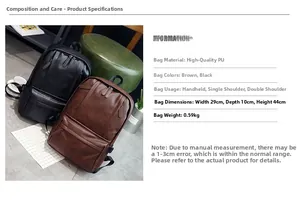 Dimensions détaillées du sac à dos en cuir PU noir et marron avec taille et poids