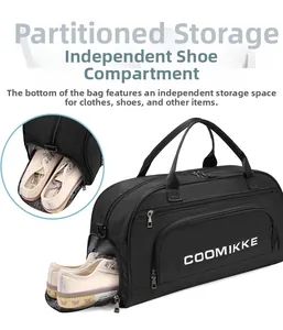 Detail view of large travel bag with a specialized separate shoe compartment and wet pocket
