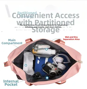 Detail showing dry-wet separation pocket and main compartment of pink travel bag