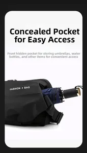 Detail showing the hidden front pocket of a black crossbody bag with a compact umbrella inside