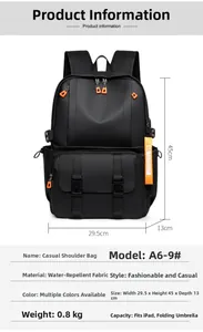Detailed view of black water-resistant backpack with orange zippers and size specs