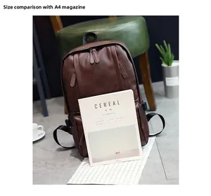 Sac à dos en cuir PU marron foncé comparé à un magazine A4 pour la taille
