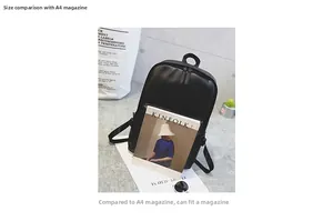 Detail view of black PU leather backpack showing large capacity fitting A4 magazines