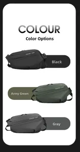 Waterproof crossbody chest bags shown in black, army green and gray with matte texture